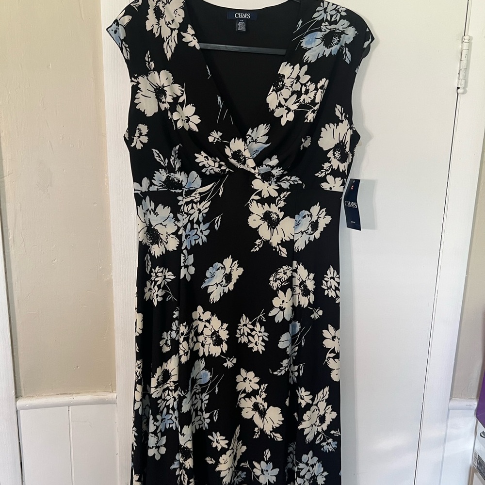 Chaps Black White and Blue Floral Midi Dress